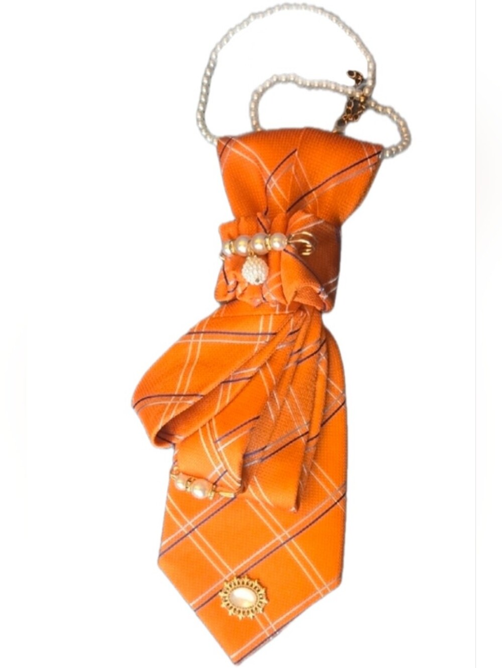 3/$60 Orange Plaid Bow Cravat with Pearl Accents